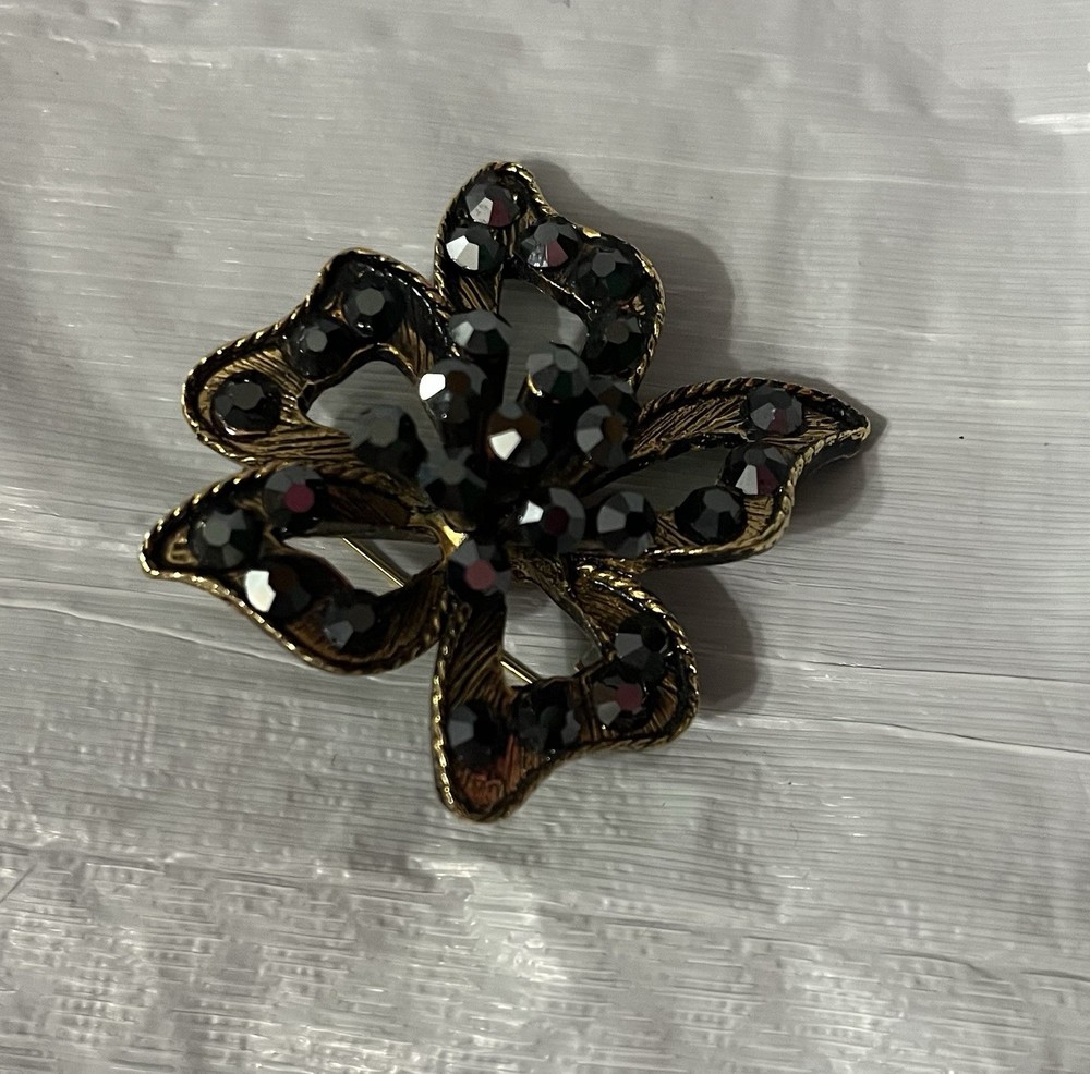 Vintage Jet Black Rhinestone Flower Brooch Pin