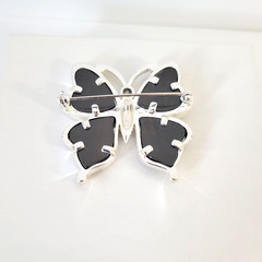 Silver Tone Butterfly Brooch Cut Out Brown MOP Pin 1 3/4 Ht