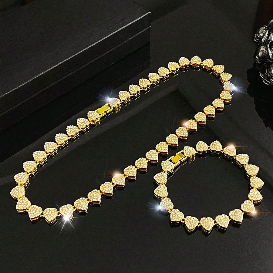 Diamond Tennis Heart Chain & Necklace & Bracelet Cuban Link Jewelry Set f/Women