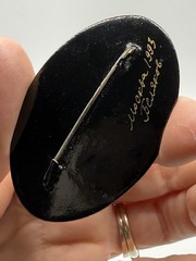 Russian Black Lacquer Hand-Painted Brooch: Signed Folk Art Pin