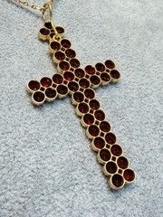 Antique Art Deco Gild Gold Table Cut Bohemian Garnets Cross Neck Pendant 2.75”
