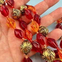 Vintage Lucite Bead Gypsy Necklace Faceted Red Orange Gold Tone Floral 46″ Boho