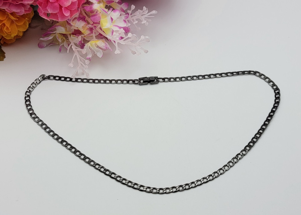 Vintage Gunmetal Tone Curb Chain Necklace 20″ Fold Over Clasp Unisex Retro Style