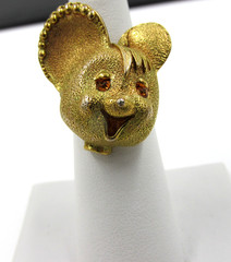Unique Vintage Cartoon Mouse Ring Brushed Gold Tone Rhinestone Eyes Size 5