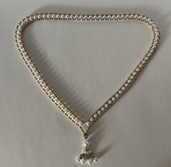 Vintage Long Ivory Color Faux Pearl Necklace With Gold Beaded Rhinestone Tassel
