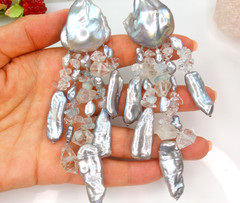 SIGNED MONIES VTG MASSIVE BAROQUE PEARL CRYSTAL 4.5″ DROP EARRINGS UNIQUE RUNWAY