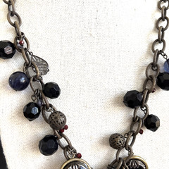 Vtg. Victorian Style Necklace Star Pendant Cameo Charms Black Glass Beads Brass