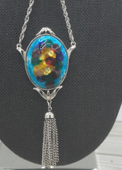 Celebrity Vintage Foil Enamel Pendant Necklace Tassel Silver Tone 32″
