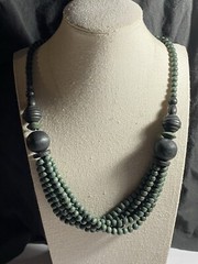 Vintage Wood Bead Necklace Dark Green Black 22.5” White Thread Spring Ring