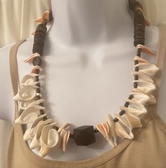 Vintage Coconut Disk Shell & Wood Beaded BOHO Island Large Statement Necklace