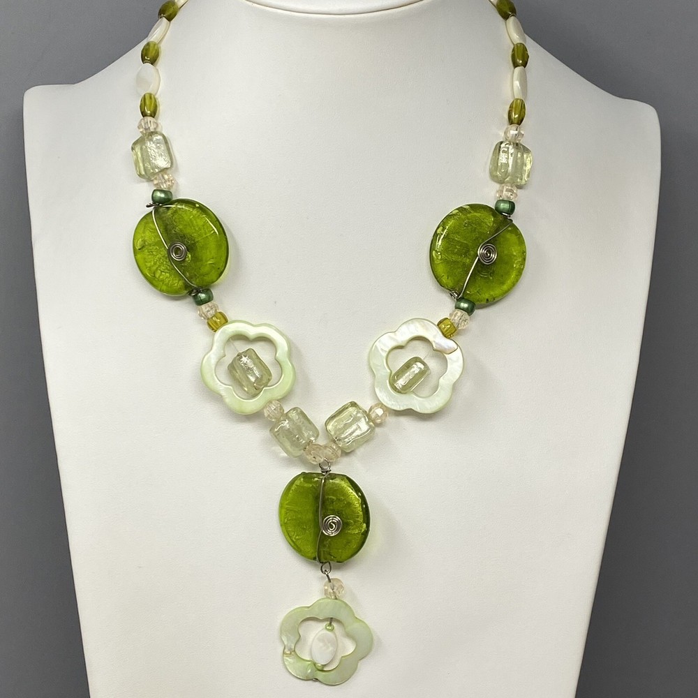 Glass Necklace Green White Beads Wire Wrap Acrylic Flower Y Drop Pendant Boho 18