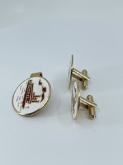 Mr Tara River boat cufflinks and tie clip set red gold white enamel 1″