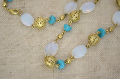 Vintage Boho Gold Filigree Opalite Moonstone Glass Turquoise Bead Necklace 26″