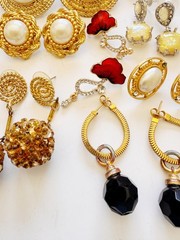 Lot of 8 Pairs Vintage Gold Tone Statement Earrings Faux Pearl Rhinestone Enamel