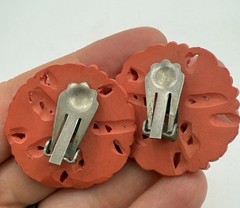 Vintage Carved Celluloid Rhinestone Clip On Earrings Floral Bow Coral Color