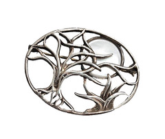 JEZLAINE Vintage Sterling Silver Winter Scene TREE & MOP Moon Open 1.35″ BROOCH