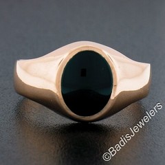 Unisex Vintage European 18K Rosy Gold Inlaid Oval Black Onyx Solitaire Band Ring