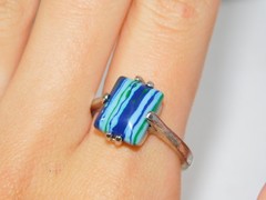 Banded Blue Glass Stone Silver tone Solitaire sz 10 Ring