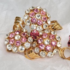 Vintage Mid-Century Pink and White Rhinestone Pendant / Brooch and Earrings Set