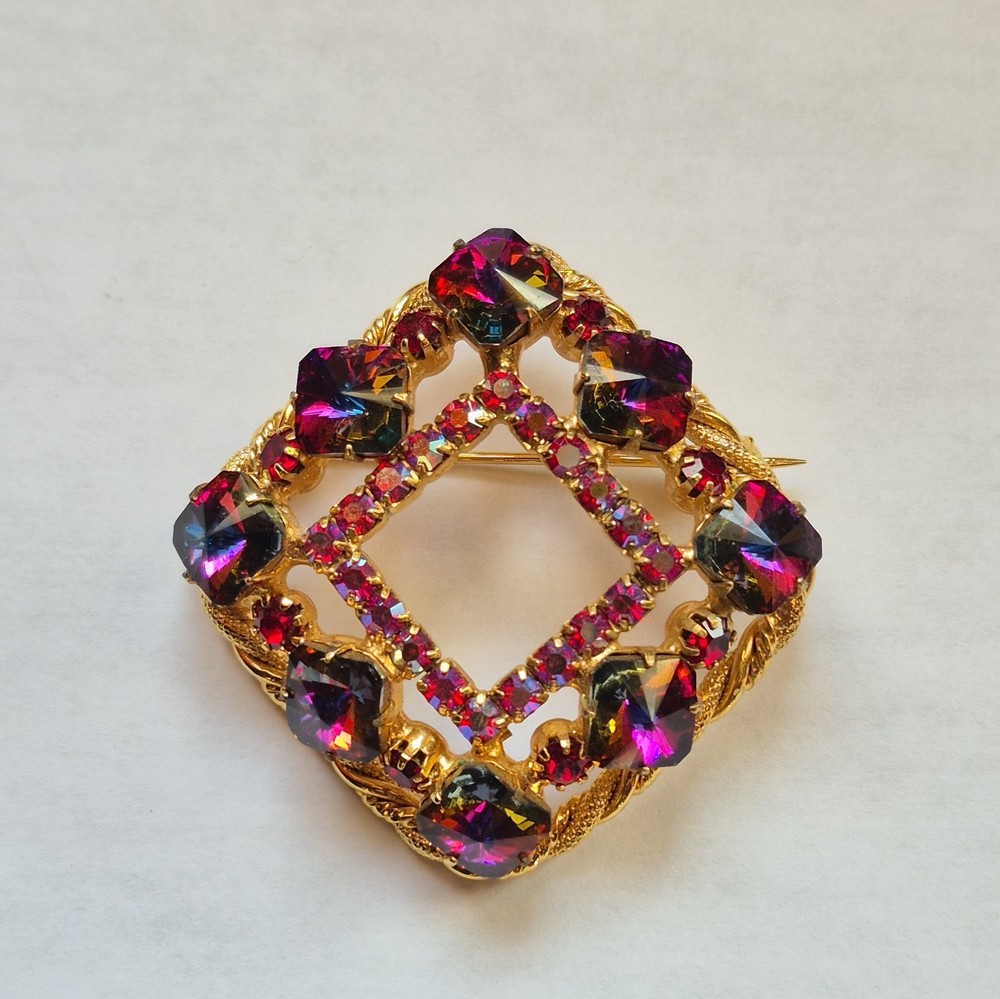 Square Rainbow Rivoli Art Glass Stone Brooch