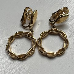 Vintage Crown Trifari Gold Tone Dangle Drop Hoop Clip On Earrings Twisted Rope