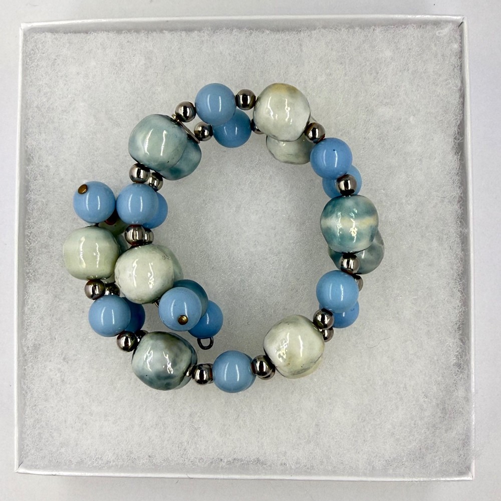 Beaded Memory Wire Bracelet Pastel Blue Pale Green Silver Beads Gift Box 1950s