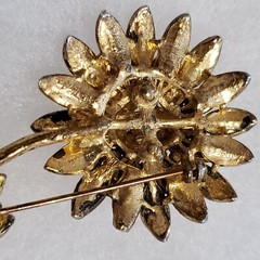 Vintage 1960’s Amber/Clear Rhinestone Goldtone Flower Brooch Pin w/ Secure Clasp