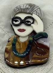 Pretty Older Woman W Gray Hair Caramel Shirt Eye Glasses Jewelry Brooch/Pin