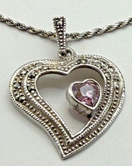 Sterling Silver Marcasite Double Heart Pink CZ Pendant and 16″ Rope Necklace