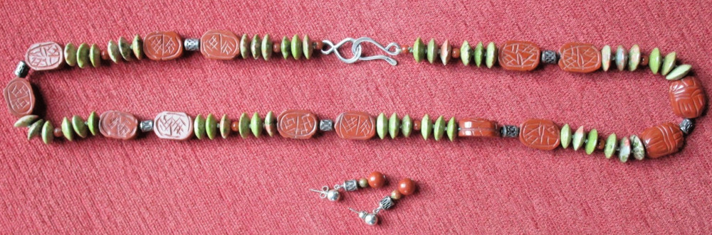 Vintage BEADED NECKLACE & EARRINGS Red Jasper & Unakite STERLING CLASP ~26.5″