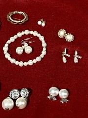Pearl Jewelry Lot 5 Bracelets, 1 Pin And 7 Earrings Gold Silver Rhinestones Nice