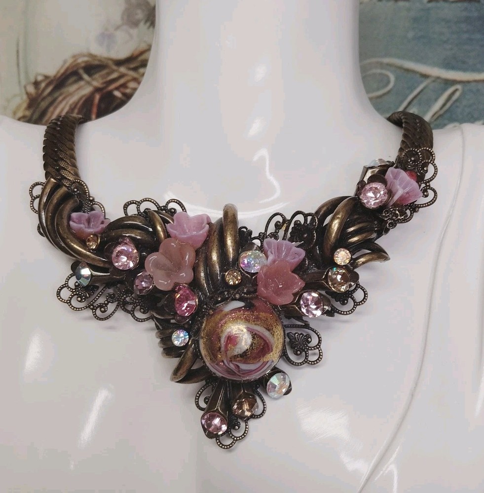 Vintage Steampunk Garden Party Glass Crystal Bronze Necklace Earrings