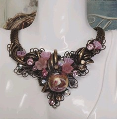 Vintage Steampunk Garden Party Glass Crystal Bronze Necklace Earrings