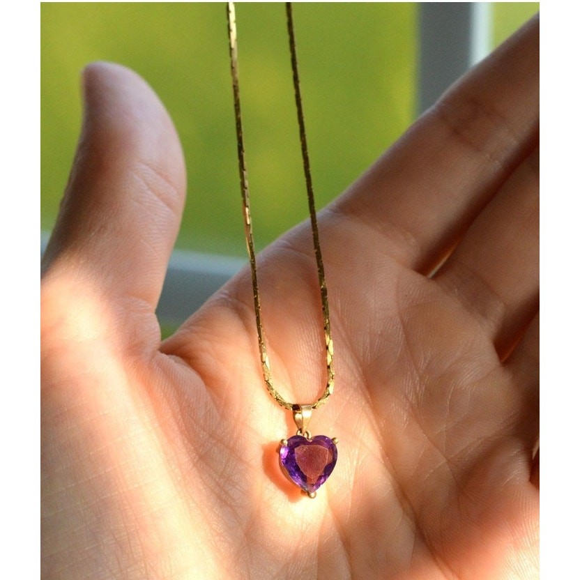 Vintage 14K Italian Solid Gold Amethyst Heart Necklace, Long 24.5″ Heirloom