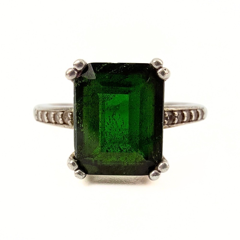 Contemporary Marked Sterling Silver Emerald Cut Green Tourmaline Ring Sz 7.75
