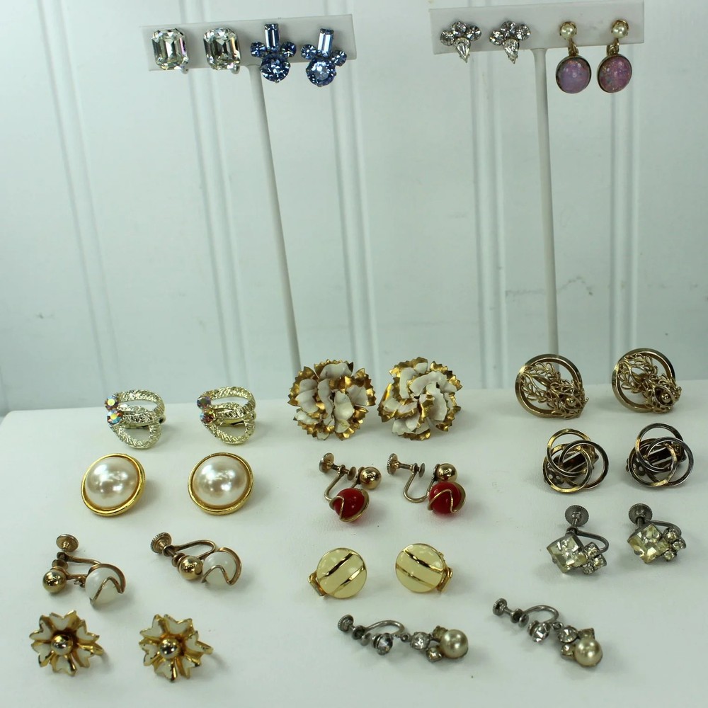 Collection 15 Pairs Earrings Screw Clip Unmarked Good Quality RS Dangle Filigree
