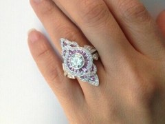 Art Deco Style 3.45Ct Lab Created Diamond & Sapphire Engagement 925 Silver Ring