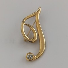 Vintage Brooch Letter I/J Name Initial Pin Gold Tone Rhinestone VTG Gift Retro