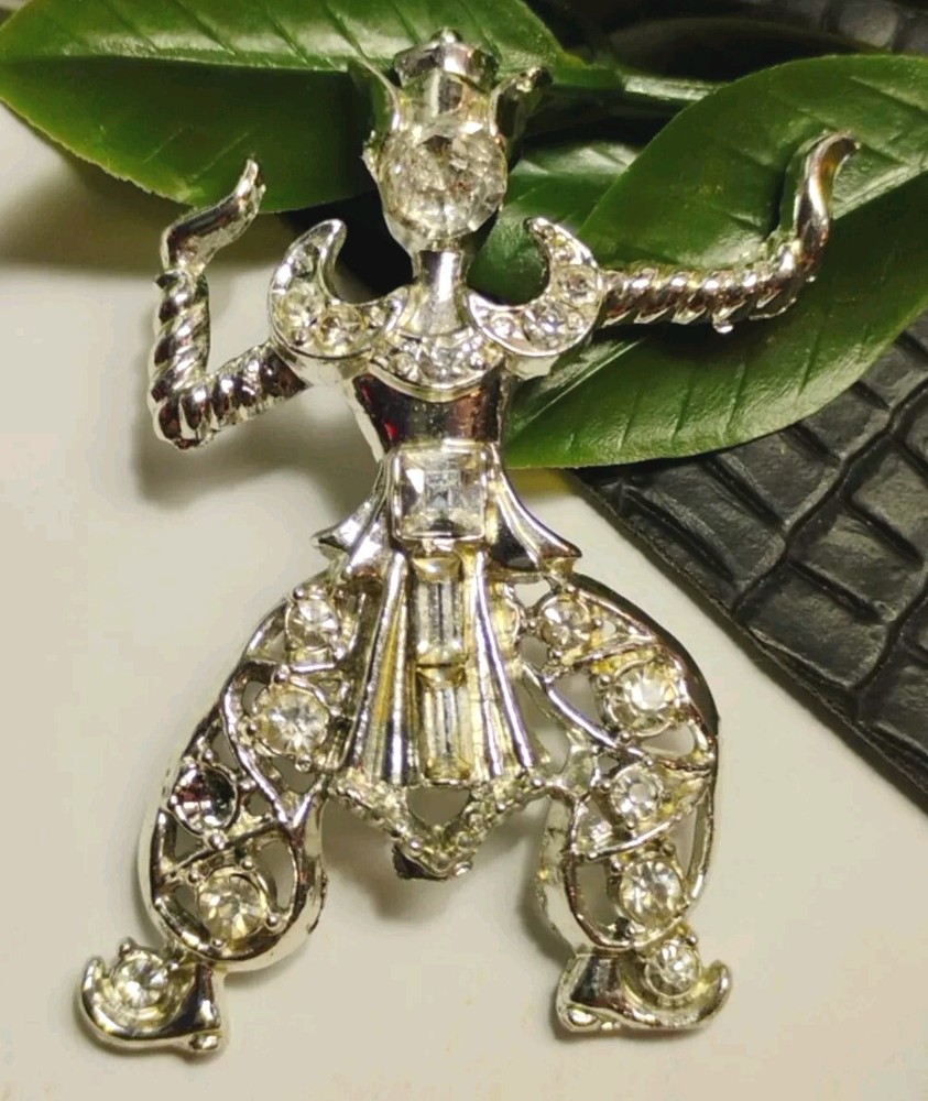 Thai Bali DANCER 2″ Exotic Figural Costume, Silver Tone Brooch, Clear Stones!