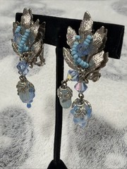 Rare Vtg 1960’s HOBE Clip On Earrings Glass AB Faux Turquoise Dangle Chandelier