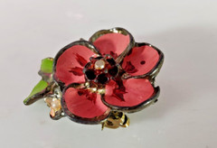 Vintage Pink and Green Enamel Painted Silver Tone Metal Floral Brooch 1″ x 1″