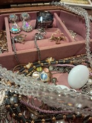 Small Vintage Wood And Glass Jewelry Box With Jewelry Lot Wearable Nice!!