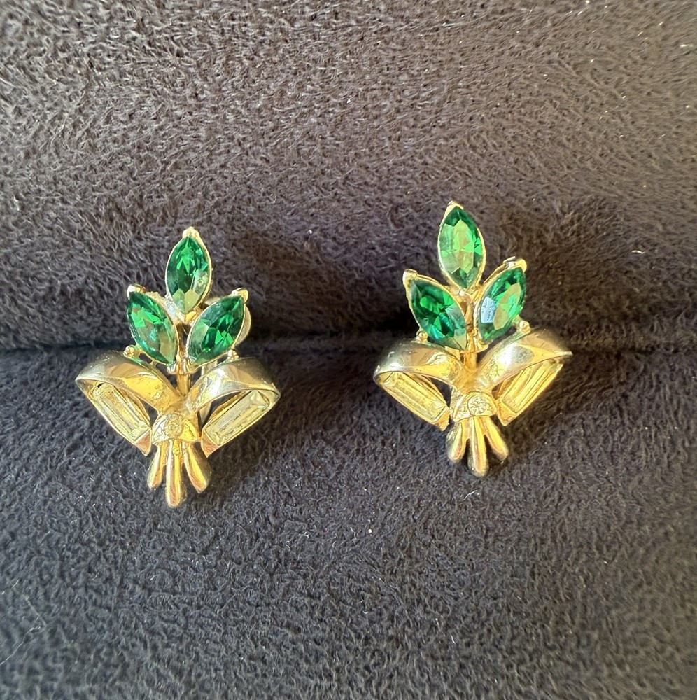 Vintage Coro emerald marquise rhinestone tension based clip-on earrings