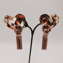 Vintage 1950s Gold Tone Tassel Clip Earrings with Flowers, 2.5 Inches