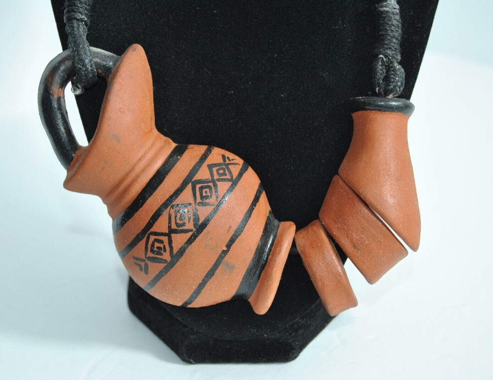 Unique Vintage Terracotta Clay Pottery Choker Necklace on Black 17 inch Cord
