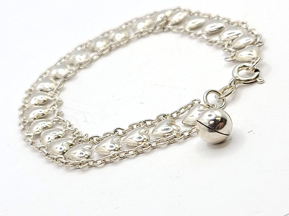 10mm Vintage Puffy Hearts Sterling Silver Chain With Bell Bracelet 7″ – 6.6gr