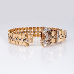 1940s Portuguese Retro Buckle Bracelet Sapphire 19k Rose Gold 7″ Fine Jewelry