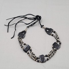 Vintage African Wood Bead Choker Necklace Silver tone Beads Tie Back Adj