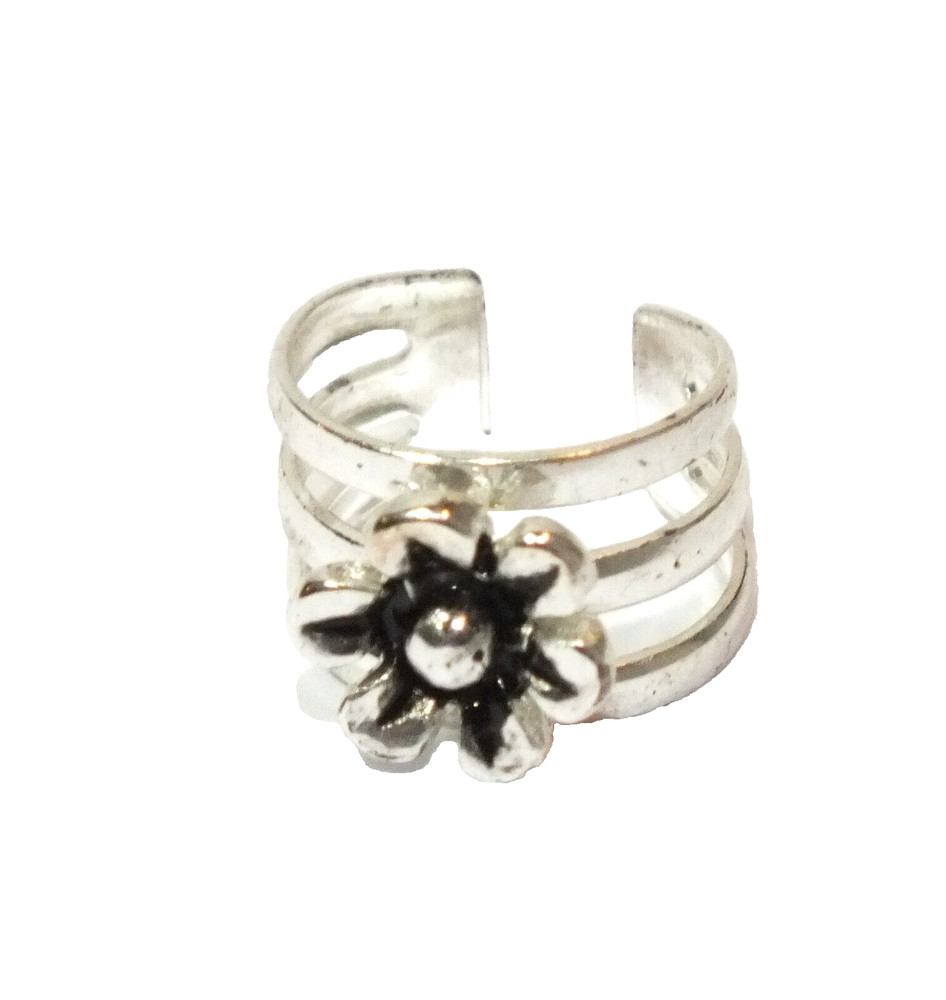 Vintage Earrings Silver Ear Cuff With Black Flower Clip On Huggie Jewelry J159