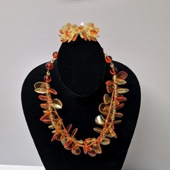 W Germany Necklace & Clip On Earrings Translucent Plastic Lucite Beaded Vtg